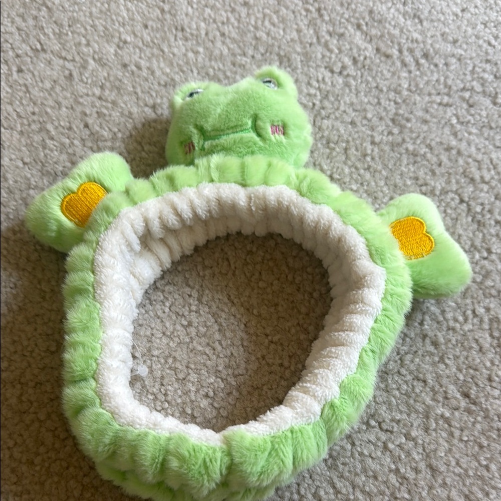 Plush Green Frog Headband with Yellow Heart Accents